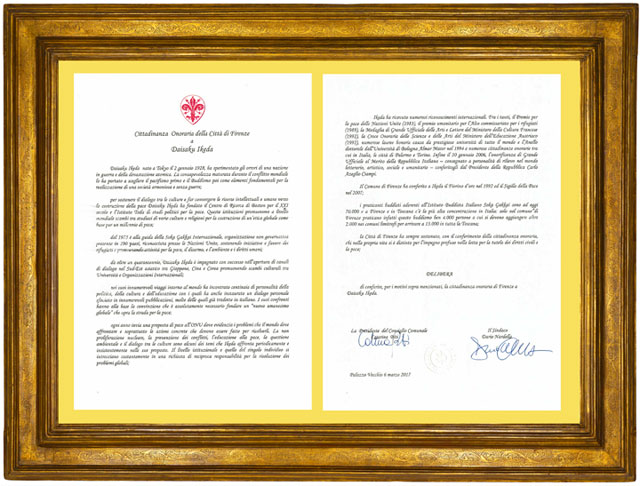 Florencia otorga la ciudadanía honorífica al presidente de la SGI
